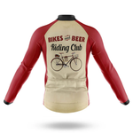 The Slow Cyclist Men Long Sleeve Cycling Jersey in red and beige features "Bikes and Beer Riding Club" above a vintage-style bicycle illustration on the back, evoking classic beer riding club style.