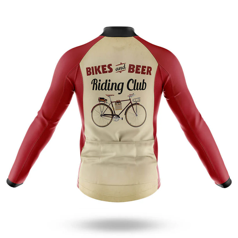 The Slow Cyclist Men Long Sleeve Cycling Jersey in red and beige features "Bikes and Beer Riding Club" above a vintage-style bicycle illustration on the back, evoking classic beer riding club style.