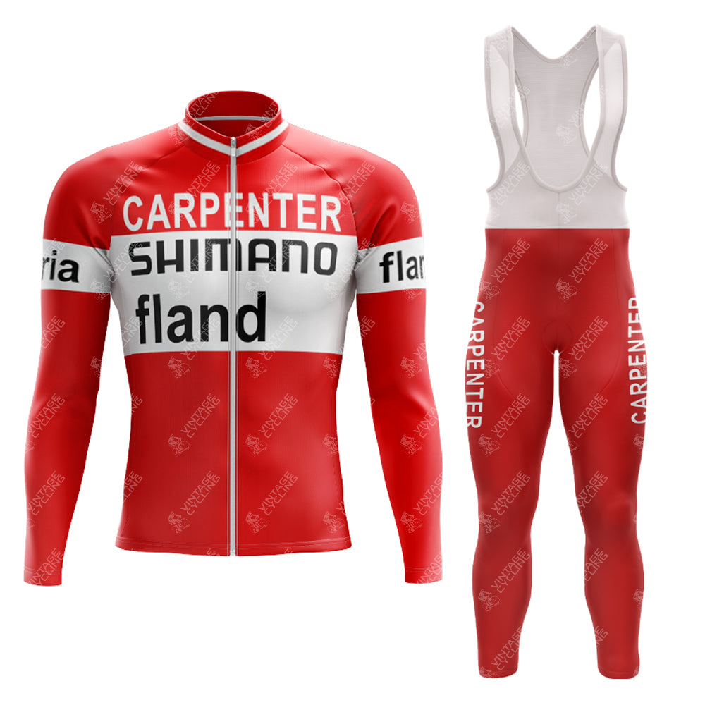 The 1972 SHIMANO Retro Long Sleeve Cycling Set includes a red and white jersey featuring CARPENTER, SHIMANO, and fland on the chest, paired with bib tights with CARPENTER on the legs. A fleece option is available for extra warmth.