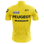 Vintage cycling lovers will adore the PEUGEOT Yellow Retro Short Sleeve Cycling Set. It features bold black Peugeot and Michelin logos, short sleeves, and convenient bottom pockets, making it a timeless piece of cycling history.