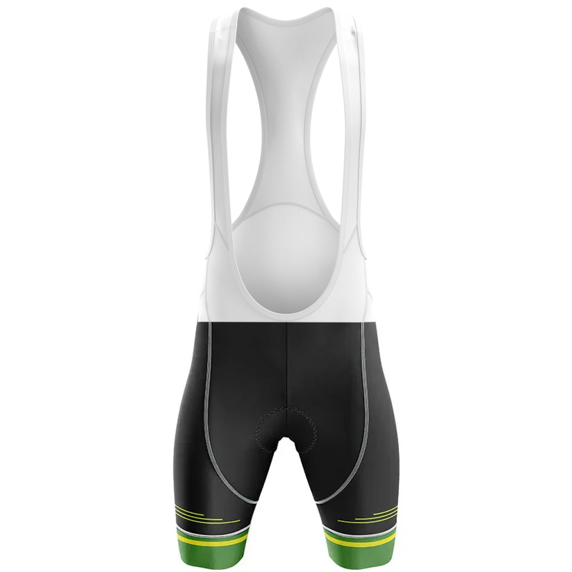 The Wales Men Short Sleeve Cycling Set features black bib shorts with a white upper and green lower leg accents, perfect for your men's cycling kit—displayed on a plain white background.