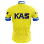 Back view of the KAS Yellow Retro Short Sleeve Cycling Set: bright yellow jersey with bold black KAS on upper back and sleeves, complemented by blue and white striped cuffs and collar, and matching shorts featuring a small lower back pocket.