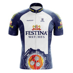 The Festina Watches Retro Cycling Jersey Set features a bold front watch face logo, Peugeot branding, blue sleeves, and a chest crest with yellow Festina text on the collars and sleeves for a genuine vintage appearance.