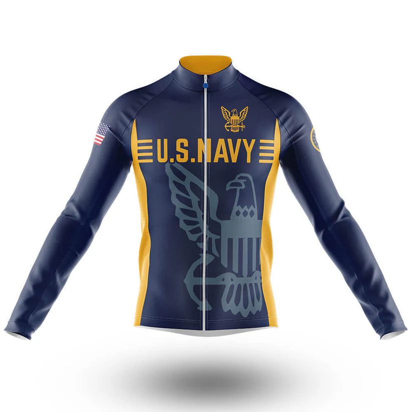 The Chubby Long Sleeve Cycling Jersey is navy blue and yellow with a large U.S. Navy eagle emblem on the front, 'U.S. NAVY' text, an American flag on the right sleeve, a front zipper, and long sleeves.