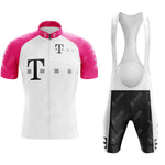 Experience nostalgia with the T Retro Short Sleeve Cycling Set, featuring a white and pink jersey with bold T logos and white padded bib shorts enhanced by sleek black accents.