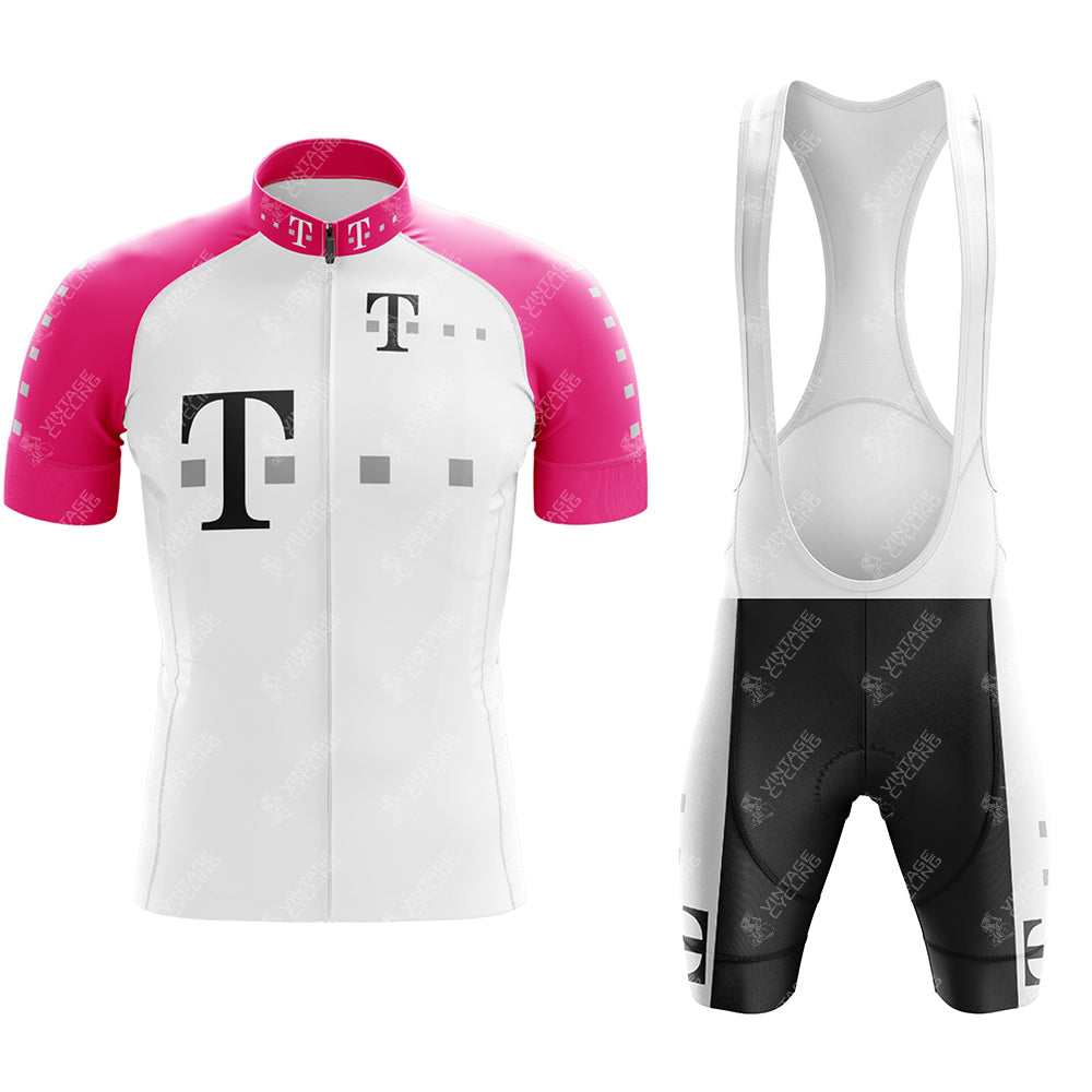 Experience nostalgia with the T Retro Short Sleeve Cycling Set, featuring a white and pink jersey with bold T logos and white padded bib shorts enhanced by sleek black accents.