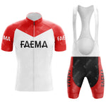 The FAEMA Red and White Retro Short Sleeve Cycling Set includes a vibrant jersey and matching bib shorts. The jersey displays bold colors, and the bib shorts feature red, white, and black sections with shoulder straps for added support.