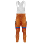 The BIC Orange Retro Long Sleeve Cycling Set, available with a fleece option, includes orange bib tights with blue and red stripes in a racerback style and subtle branding. Perfectly paired for comfort and style on every ride.