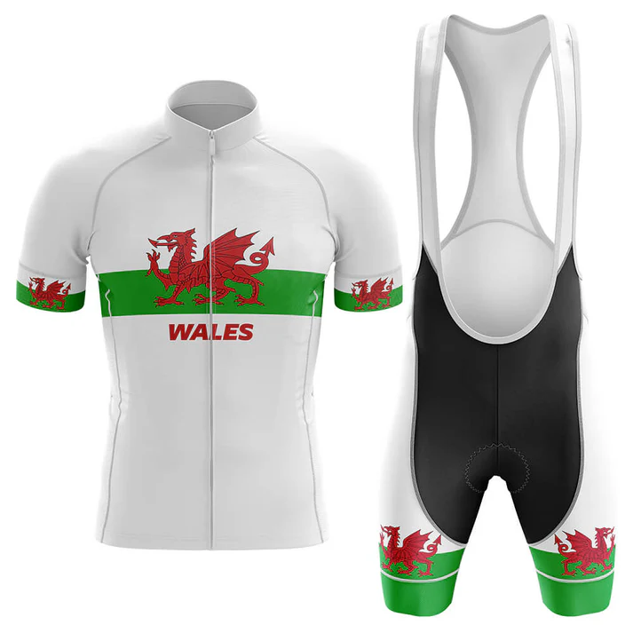 The Old Fart Men Short Sleeve Cycling Set features white, green, and black colors with red Welsh dragon emblems, "WALES" text, and green stripes on the midsection, cuffs, and thighs—a performance jersey designed for dedicated rides.
