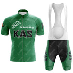 The KAS Green Retro Short Sleeve Cycling Set includes a green cycling jersey with KAS and Plastic Screen, paired with black and green bib shorts featuring KAS and La Gazzetta dello Sport in white.