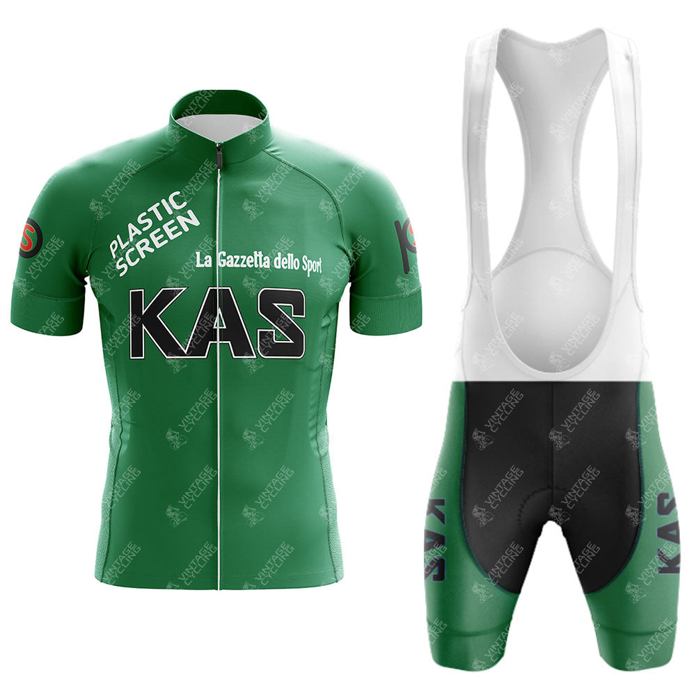 The KAS Green Retro Short Sleeve Cycling Set includes a green cycling jersey with KAS and Plastic Screen, paired with black and green bib shorts featuring KAS and La Gazzetta dello Sport in white.
