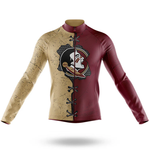 The Houston Symbol Men Long Sleeve Cycling Jersey features beige and maroon halves, a large stylized Native American logo on the front, and bold black lace-up detailing along the zipper for a collegiate cycling style.