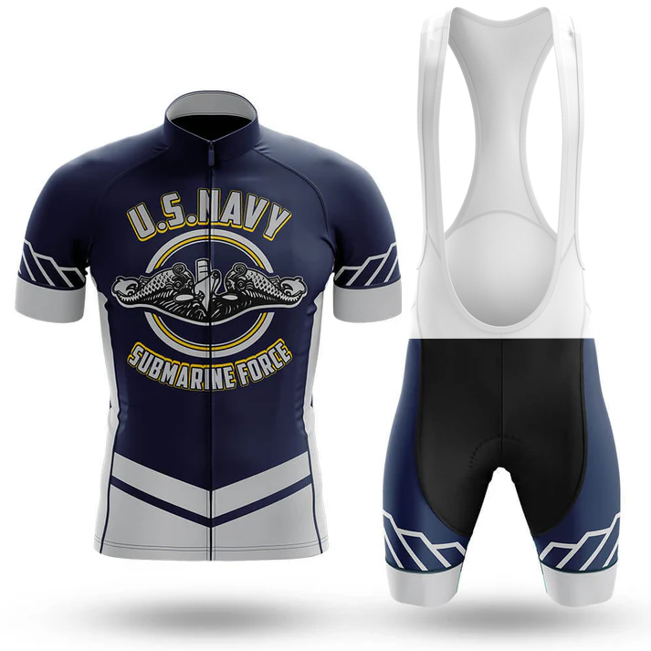 The Slow Cyclist Men Short Sleeve Cycling Set is navy blue and white, featuring a jersey with submarine insignia and “U.S. NAVY SUBMARINE FORCE,” plus matching bib shorts with white straps and navy details.