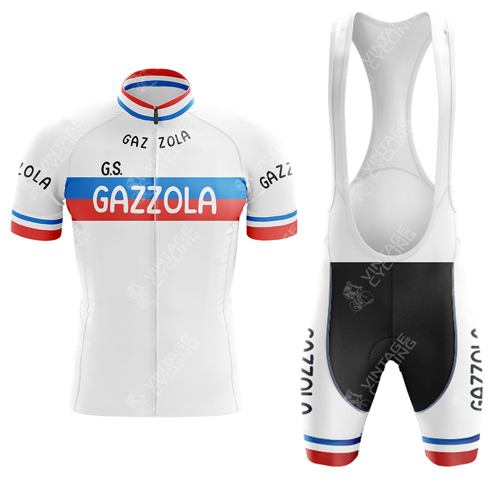 The LA REDOUTE Retro Short Sleeve Cycling Set includes a white jersey and bib shorts with red and blue stripes. The jersey has a front zipper and GAZZOLA text, and the vintage-style shorts come with suspenders and matching trim.