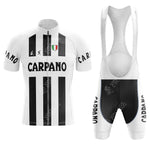 The Cilo Aufina Retro Short Sleeve Cycling Set charms with its cycling jersey and bib shorts in black and white stripes. Adorned with CARPANO and an Italian flag emblem, this vintage cycling attire embodies timeless style perfect for every cyclist.