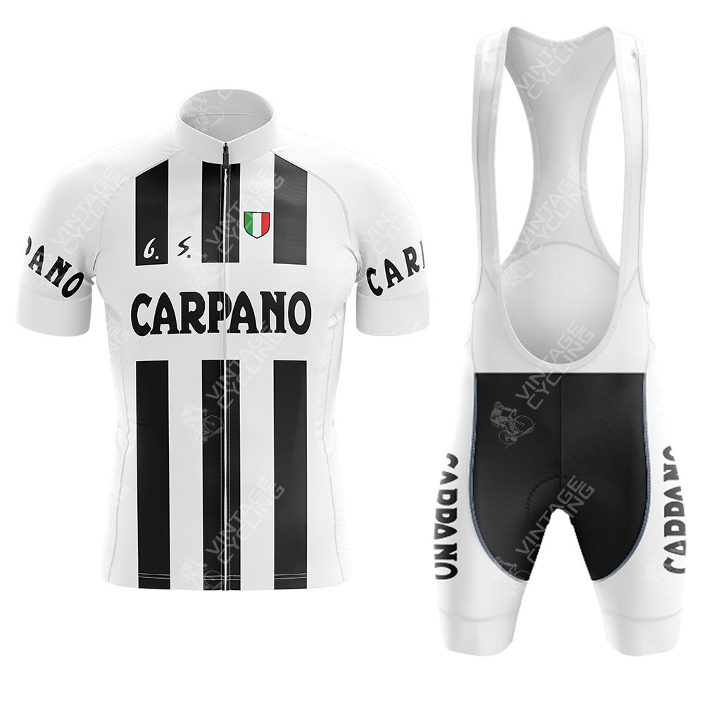 The Cilo Aufina Retro Short Sleeve Cycling Set charms with its cycling jersey and bib shorts in black and white stripes. Adorned with CARPANO and an Italian flag emblem, this vintage cycling attire embodies timeless style perfect for every cyclist.