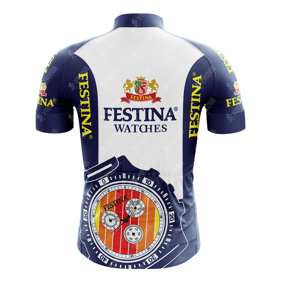 The Festina Watches Retro Cycling Jersey Set showcases a vibrant watch design on the back, primarily in blue and white with a colorful watch face. The prominently displayed Festina Watches logo blends style and function for cycling enthusiasts.