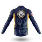 The Chubby Long Sleeve Cycling Jersey features a U.S. Navy emblem, eagle graphic on the back, yellow side panels, U.S. flag on the right sleeve, and retro cycling jersey style, shown on a white background.