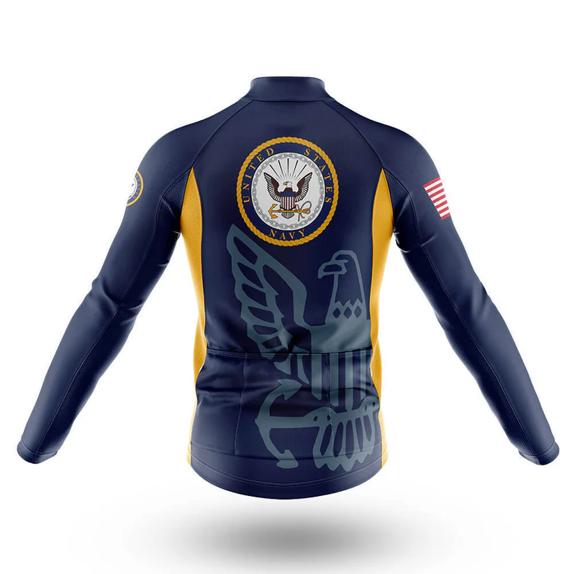 The Chubby Long Sleeve Cycling Jersey features a U.S. Navy emblem, eagle graphic on the back, yellow side panels, U.S. flag on the right sleeve, and retro cycling jersey style, shown on a white background.