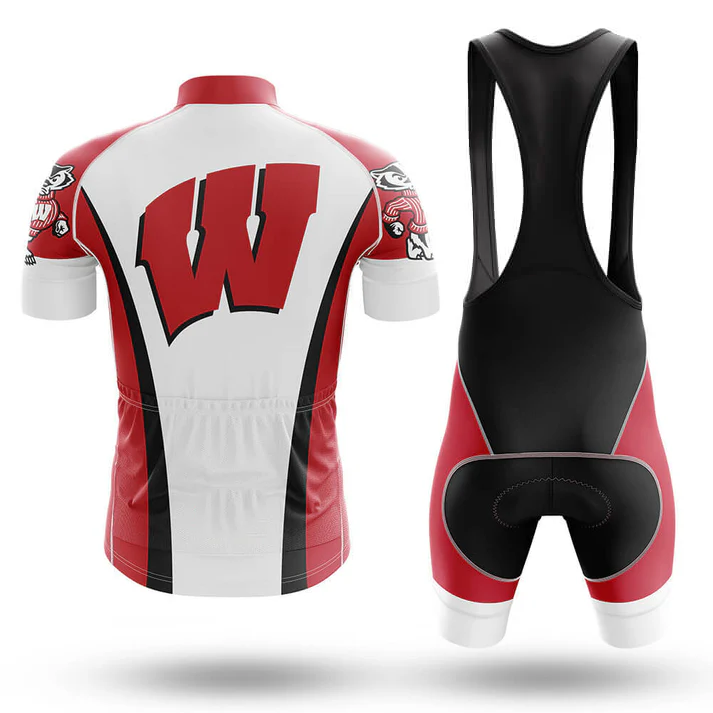 Front and back view of the Assuming Old Man Short Sleeve Cycling Set in red, white, and black, featuring a large red W on the jersey back, mascot graphics on sleeves, and shorts with black shoulder straps and red-white accents.