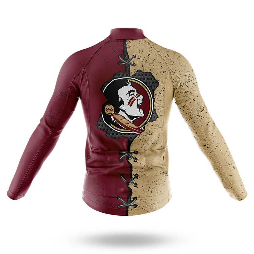 The Houston Symbol Men Long Sleeve Cycling Jersey features garnet and gold halves, a Native American profile logo on the back, and black laces crisscrossing down the center.