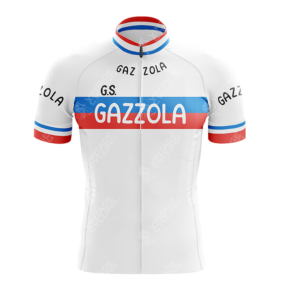The LA REDOUTE Retro Short Sleeve Cycling Set features a vintage design with GAZZOLA in red across a blue and red chest stripe, along with matching details on the sleeves and collar, plus G.S. above the stripe, blending retro charm with modern flair.