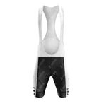 White and black cycling bib shorts with a high back and wide shoulder straps are shown on a white background. The lower part features abstract patterns and logos, which pair perfectly with the T Retro Short Sleeve Cycling Set.