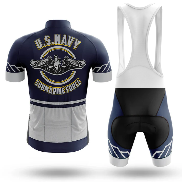 The Slow Cyclist Men Short Sleeve Cycling Set features a navy blue and white jersey with submarine graphics, paired with matching bib shorts with white straps and black seat padding, inspired by the U.S. Navy Submarine Force.