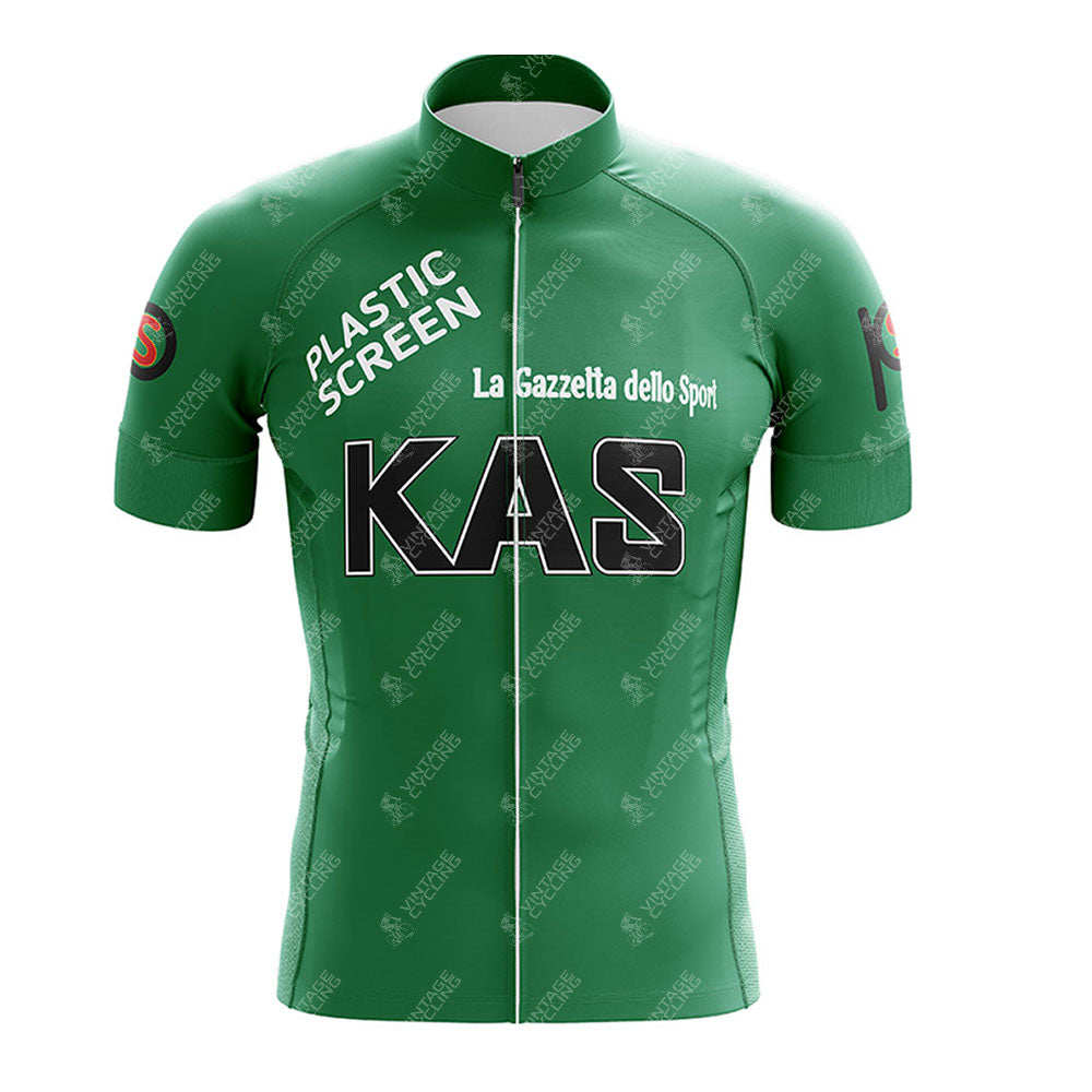 The KAS Green Retro Short Sleeve Cycling Set is a vintage-inspired jersey featuring PLASTIC SCREEN, La Gazzetta dello Sport, and KAS logos, plus sponsor logos on the sleeves and a full front zipper, ideal for cycling enthusiasts.