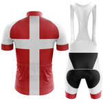 The Believe Men Short Sleeve Cycling Set features the red and white Danish flag design, with a bold white cross on a red jersey and white bib shorts accented in black and red.