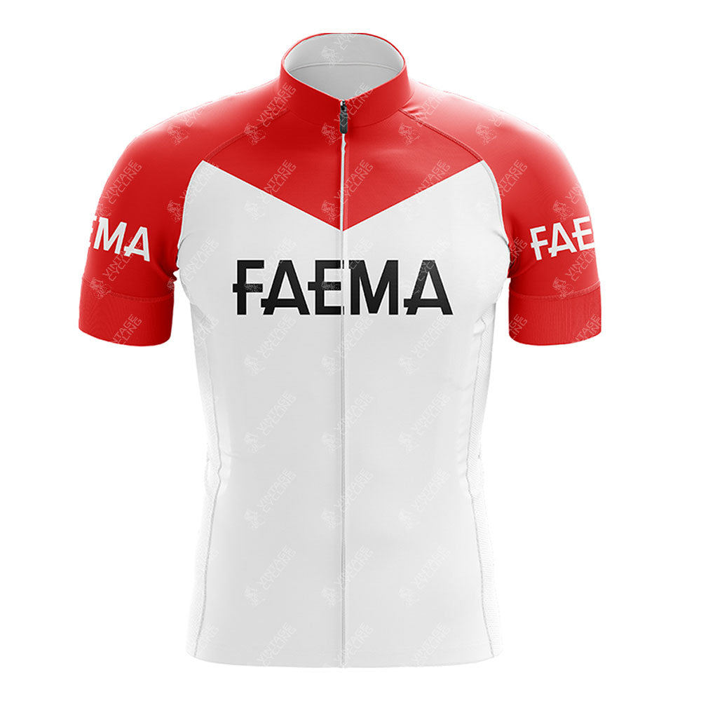 The FAEMA Red and White Retro Short Sleeve Cycling Set features a bold design with a striking red top, white bottom, FAEMA in black on the chest and sleeves, a high collar, and front zipper—perfect for fans of classic style.
