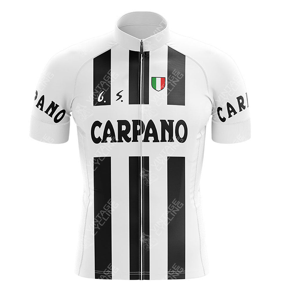 The Cilo Aufina Retro Short Sleeve Cycling Set boasts a white jersey with black vertical stripes and the iconic CARPANO text across the chest and sleeves. Featuring a small Italian flag shield and initials G.S., this vintage cycling piece offers style and nostalgia.