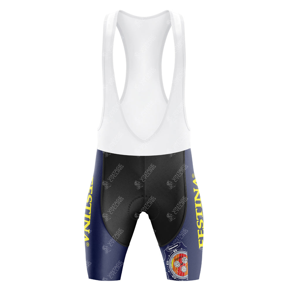 The Festina Watches Retro Cycling Jersey Set includes bib shorts with a white upper, navy blue and black lower sections, and a gel seat pad for comfort. Yellow text and a circular red and blue emblem decorate one leg, while the fabric features a subtle logo pattern.