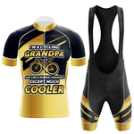 A U.S.Navy short sleeve cycling set featuring a yellow and black jersey with "I'M A CYCLING GRANDPA JUST LIKE A NORMAL GRANDPA EXCEPT MUCH COOLER" and a bicycle graphic—the perfect customizable gift for the coolest grandpa cyclist.