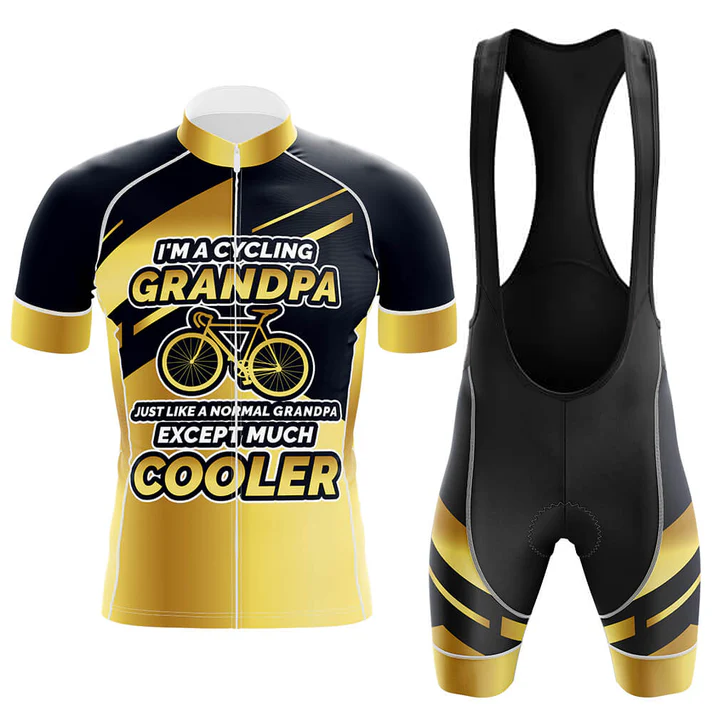 A U.S.Navy short sleeve cycling set featuring a yellow and black jersey with "I'M A CYCLING GRANDPA JUST LIKE A NORMAL GRANDPA EXCEPT MUCH COOLER" and a bicycle graphic—the perfect customizable gift for the coolest grandpa cyclist.
