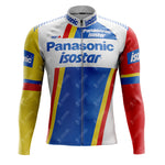 The 1980s Panasonic Fleece Retro Cycling Set with long sleeves features a colorful design in blue, yellow, red, and white panels. With iconic Panasonic and isostar logos prominently displayed, its perfect for enthusiasts seeking classic style.
