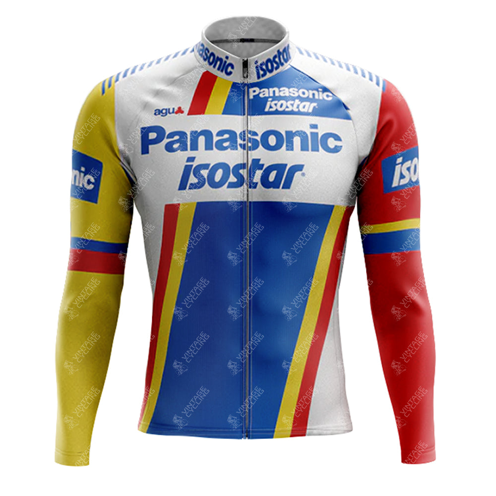 The 1980s Panasonic Fleece Retro Cycling Set with long sleeves features a colorful design in blue, yellow, red, and white panels. With iconic Panasonic and isostar logos prominently displayed, its perfect for enthusiasts seeking classic style.
