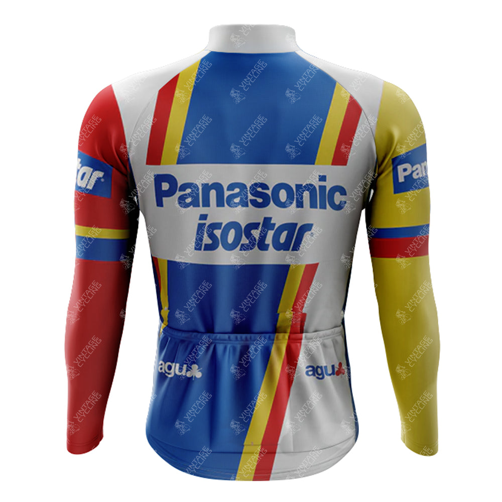A rear view of the 1980s Panasonic Fleece Retro Long Cycling Set features a vintage jersey with blue, red, and yellow stripes, logos for Panasonic, isostar, and agu. Its part of a classic set with a gel seat pad for long-ride comfort.