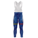 Vintage-inspired blue cycling bib tights with white mesh evoke classic cycling sets. The 1980s Panasonic Fleece Retro Long Cycling Set features a Panasonic logo on the left leg and colorful stripes around the thighs, with text overlays across the fabric.