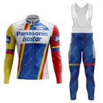 This 1980s Panasonic Fleece Retro Long Cycling Set features a zip-up jersey and bib tights with a white base, bold blue, red, and yellow stripes, and standout Panasonic and Isostar logos. Enjoy style and comfort in this classic ensemble.