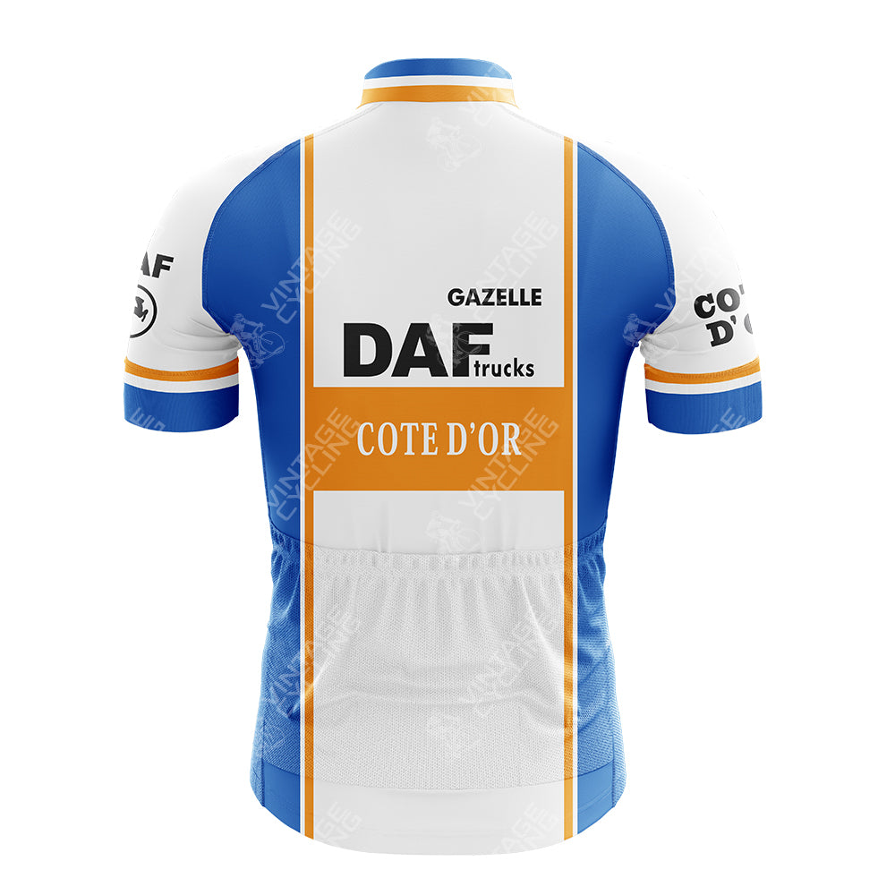 Back view of the FESTINA Retro Short Sleeve Cycling Set with a nostalgic design featuring blue, white, orange, and yellow vertical stripes. Gazelle, DAF Trucks, and Cote dOr are in bold black and orange text for an authentic vintage vibe.