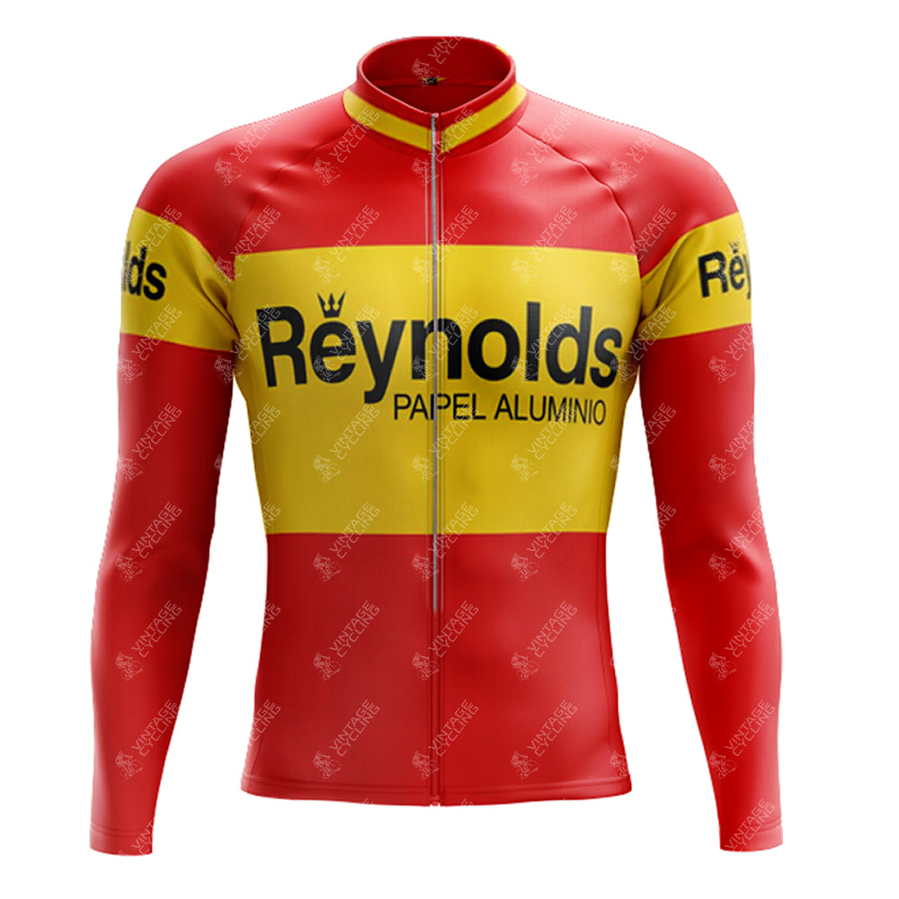 The 1980s Red Reynolds Retro Long Sleeve Cycling Set features a red and yellow jersey with Reynolds and Papel Aluminio printed in black, complete with a full front zipper.