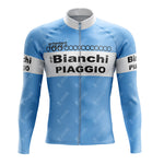 The 1983 Bianchi Retro Long Sleeve Cycling Set in light blue features a black-and-white stripe across the chest and sleeves with Bianchi and Piaggio text and a bicycle graphic.