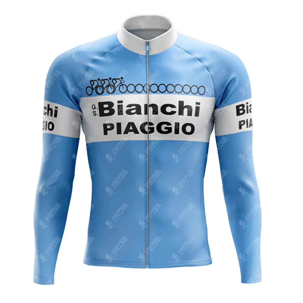 The 1983 Bianchi Retro Long Sleeve Cycling Set in light blue features a black-and-white stripe across the chest and sleeves with Bianchi and Piaggio text and a bicycle graphic.