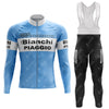 The 1983 Bianchi Retro Long Sleeve Cycling Set boasts a blue and white jersey with Bianchi PIAGGIO text and chainring design, paired with black bib tights featuring the logo. It also offers a cozy fleece option for cooler rides.