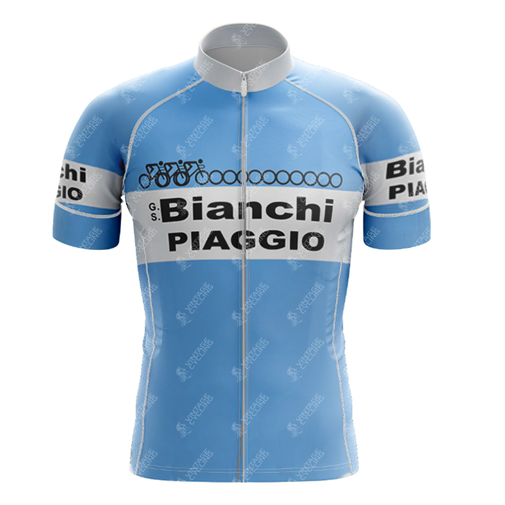 The 1983 Bianchi Retro Short Sleeve Cycling Set includes a light blue jersey with white stripes, bold Bianchi PIAGGIO lettering on the chest, and a small bicycle graphic, capturing the classic 1983 Bianchi style.
