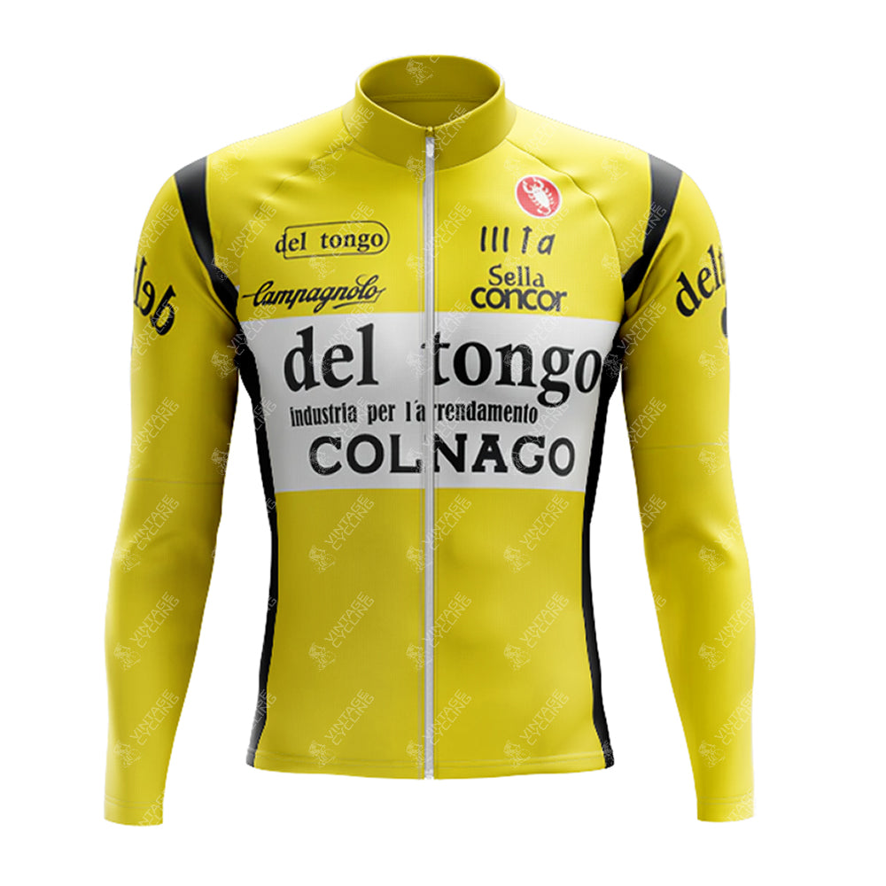 The 1983 del tongo Fleece Retro Long Cycling Set features a yellow long-sleeve jersey with black vertical stripes, multiple logos including del tongo Colnago and Sella Concor, a front zipper, and a red circular logo on the chest.