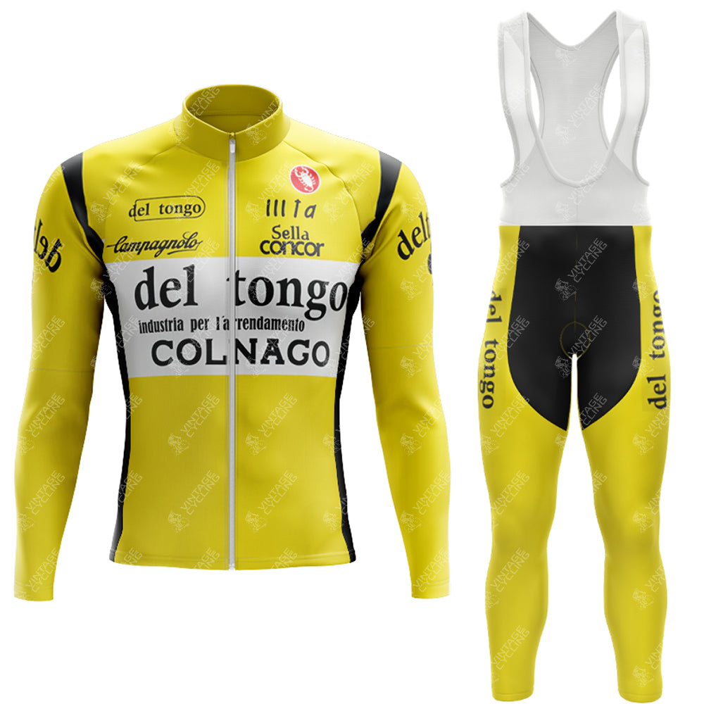 The 1983 del tongo Fleece Retro Long Cycling Set features a yellow and black long-sleeve performance jersey with del tongo and COLNAGO logos, full front zipper, black side panels, and bib tights paired with a white bib.