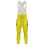 The 1983s Yellow Reynolds Retro Long Sleeve Cycling Set features a cycling bib with black Reynolds text on the sides, white straps, fleece-lined options for warmth, and is designed for full leg coverage for ultimate comfort.