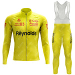 1983s yellow Reynolds Retro Long Sleeve Cycling Set features Reynolds and Caja Postal logos, front-zip long-sleeve jersey, matching padded bib pants with gel seat pad, and a Vuelta a España 83 chest design. Available in fleece-lined option for cooler rides.